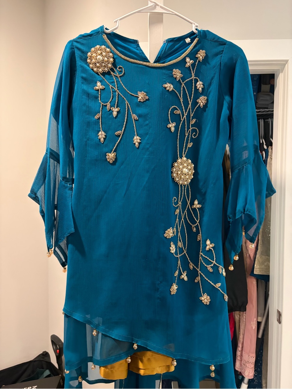 Teal Embellished Women's Shalwar Kurta with Gold Beadwork